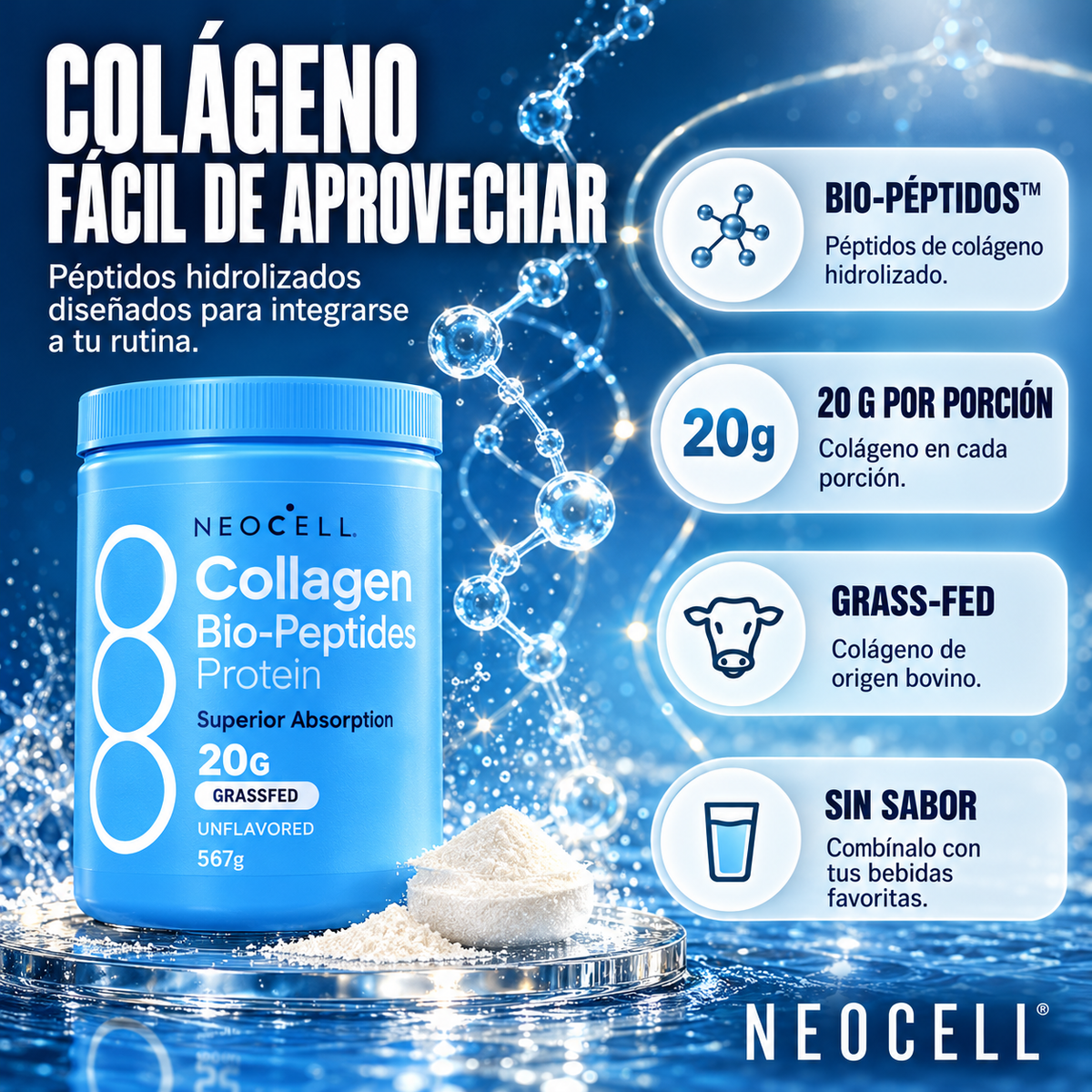 Colágeno Bio-Péptidos NeoCell Grass Fed 567 g - 20 g por porción